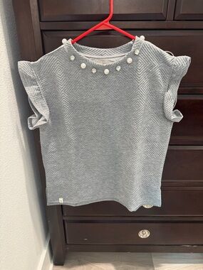Simply Southern Gray Short Sleeve Knit Top with Pearl Accents